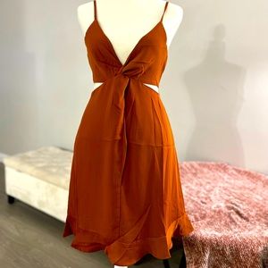 Rust Colored Cut Out Cami Strap Ruffle Hem Dress